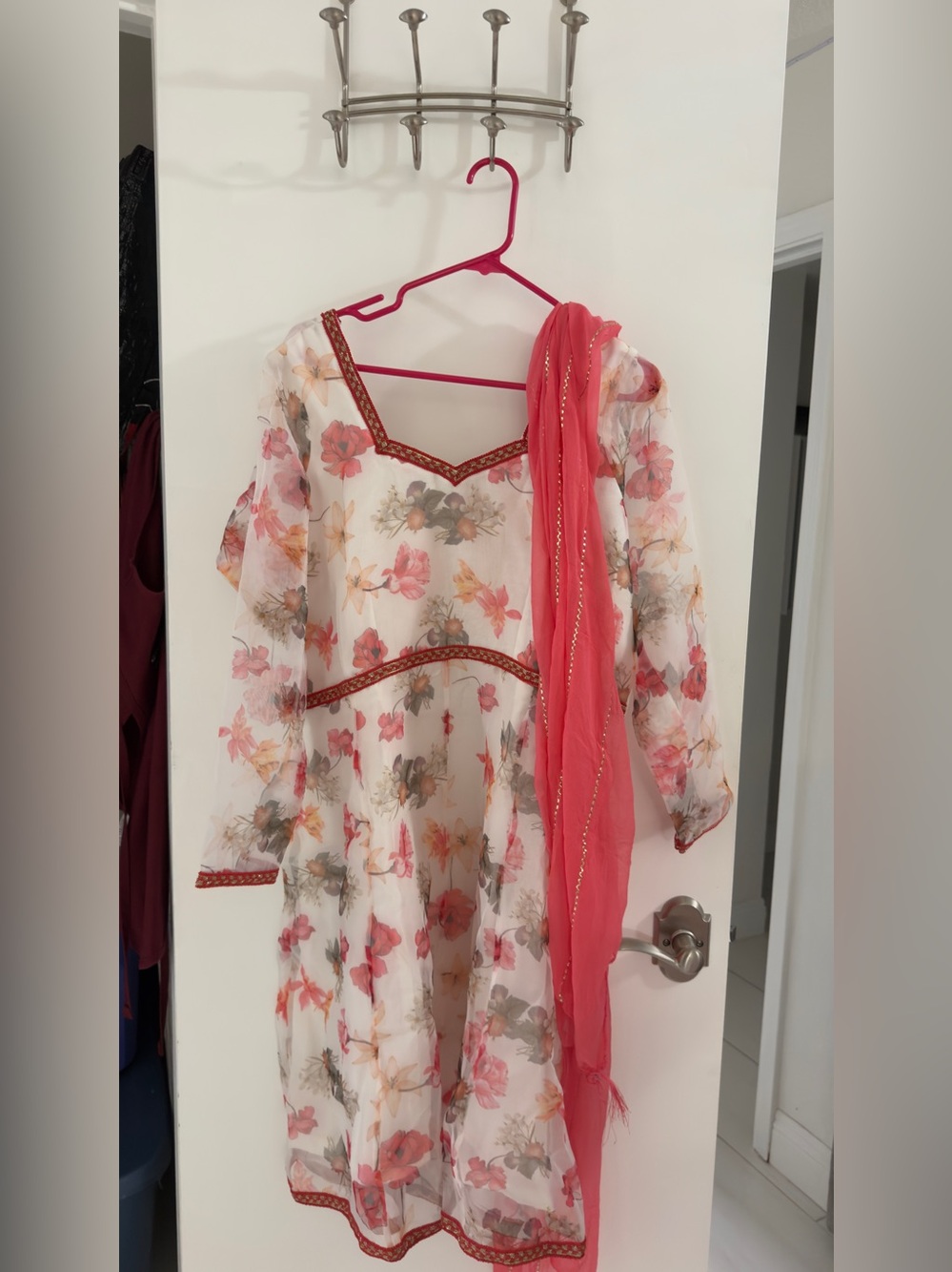 Women's Floral Print Kurti Top (Anarkali) with Pink Dupatta